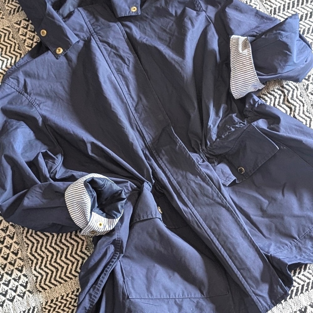 Lands End Navy Raincoat Womens 2XP 20W-22W Blue Hooded Striped Lining Jacket